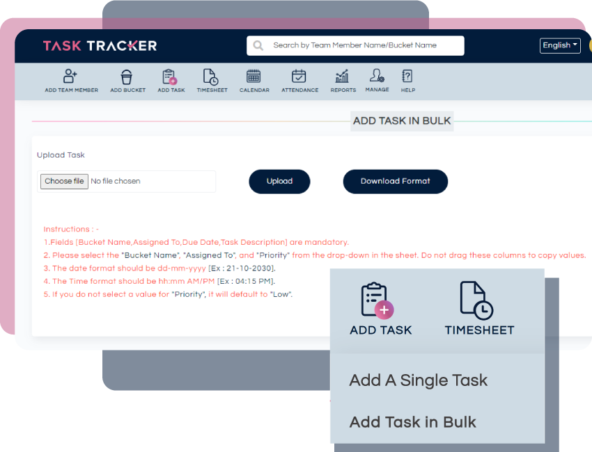 A screenshot of a Bulk Task Upload from Task Tracker Dashboard